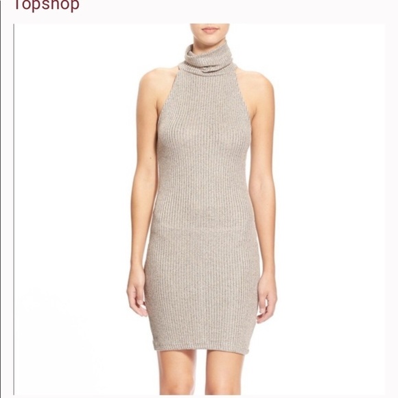 Topshop Dess nude rib turtleneck sleeveless knit bodycon dress SZ 10 - Picture 1 of 6